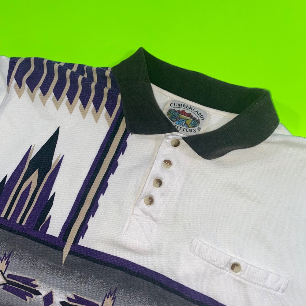 Vintage Cumberland Outfitters Southwestern Polo Shirt‎ XL White Purple Geometric